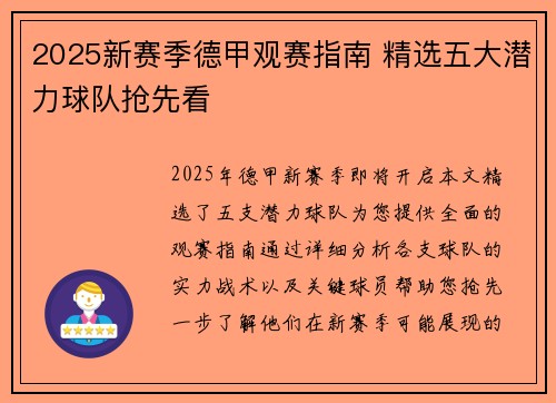 2025新赛季德甲观赛指南 精选五大潜力球队抢先看
