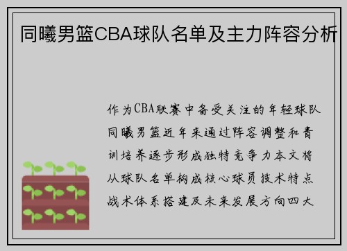 同曦男篮CBA球队名单及主力阵容分析